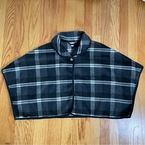 Wool blend plaid tartan checkered cropped poncho shawl jacket topper S - Picture 5 of 17